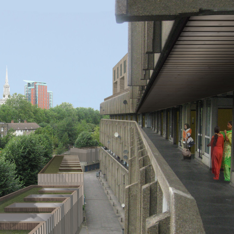 Sarah-Wigglesworth-Architects Robin-Hood-Gardens-Retrospective Sustainable-Future-Balcony-Perspective Square-1800